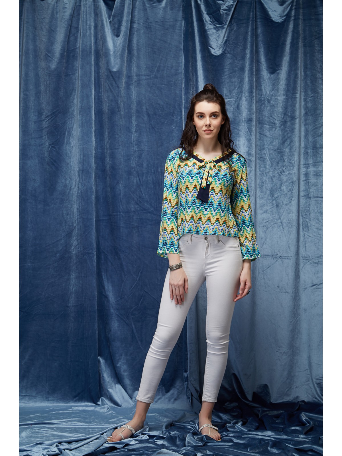 Cyan Green Printed Fullsleeve Casual Top